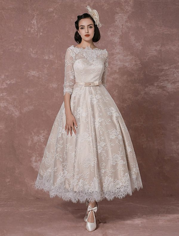 Lace Wedding Dress Vintage Bateau Champagne Half Sleeves Bridal Gown A Line Backless Tea Length Sash Reception Bridal Dress