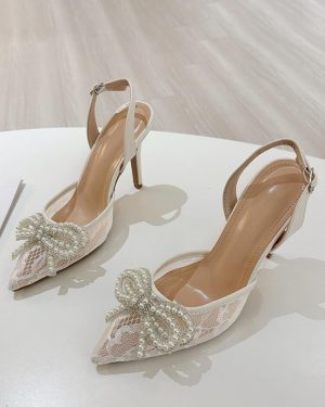 Lace Wedding Shoes Pearls Bow High Heel Slingback Party Prom Shoes