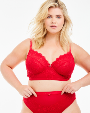 Lace and Logo Longline Underwired Bra - 38FF / Red
