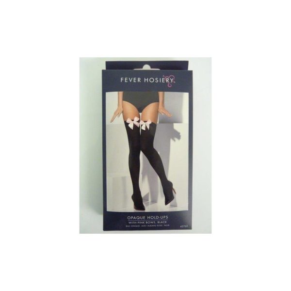 Ladies Black Opaque Hold Ups With Bow - black hold stockings pink bows opaque ladies ups hosiery fancy dress thigh holdups