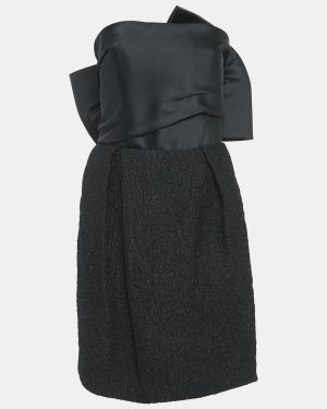 Lanvin Black Satin and Textured Jacquard Bow Detail Strapless Mini Dress M
