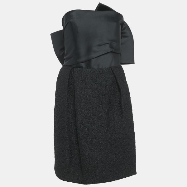 Lanvin Black Satin and Textured Jacquard Bow Detail Strapless Mini Dress M