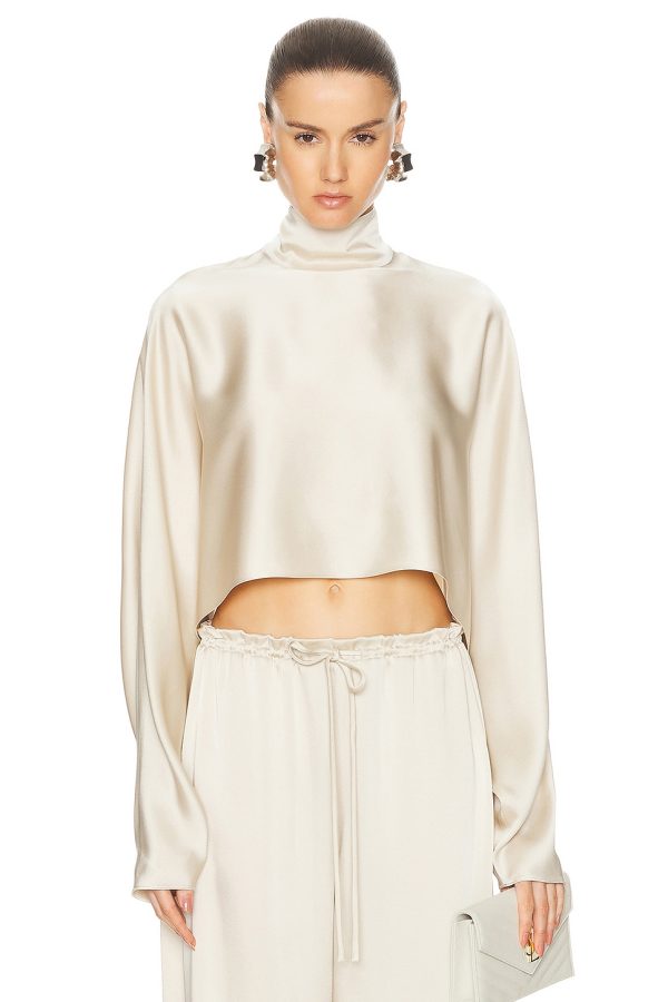 Lapointe Double Face Satin Crop Caftan Top in Sand - Beige. Size S (also in ).