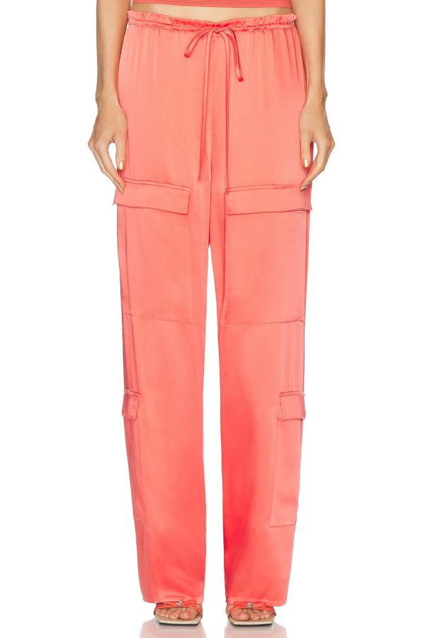 Lapointe Doubleface Satin Drawstring Cargo Pant in Hot Coral - Coral. Size L (also in M, S, XS).
