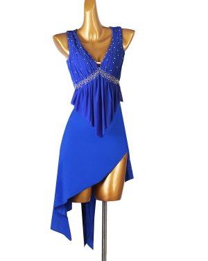 Latin Dance Costume Blue Women's Rhinestones Fringe Bodycon Sexy Polyester Dress Dancing Wear