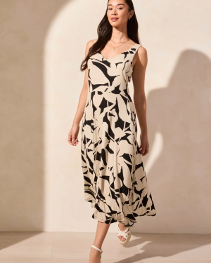 Latte/Black Abstract Floral Print Sleeveless High-Low Jersey Dress
