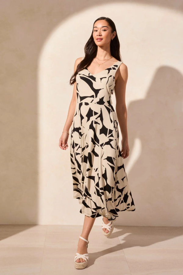 Latte/Black Abstract Floral Print Sleeveless High-Low Jersey Dress