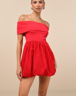 Launi Red Mixed Media Off-the-Shoulder Mini Dress