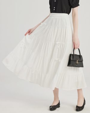 Layered Skirt With Bow Tie White A-line Midi Dress For Women 2025