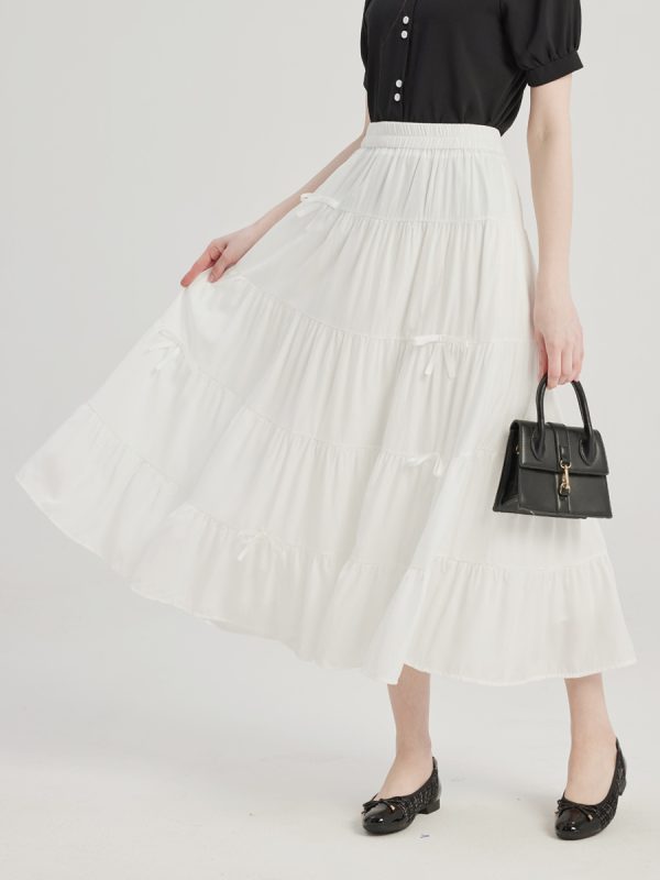 Layered Skirt With Bow Tie White A-line Midi Dress For Women 2025