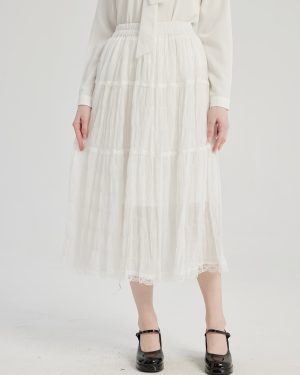 Layered Skirt With Lace Hem A-line Midi Skirt For Women 2025