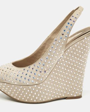 Le Silla Beige Suede Crystal Embellished Wedge Sandals Size 38