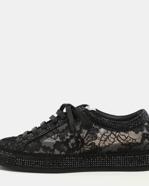 Le Silla Black Lace and Mesh Rhinestone Low Top Sneakers Size 37.5