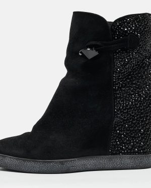 Le Silla Black Suede Crystal Embellished Wedge Ankle Length Boots Size 37