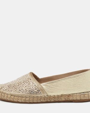 Le Silla Metallic Gold Leather Crystal Embellishments Espadrilles Flats Size 36