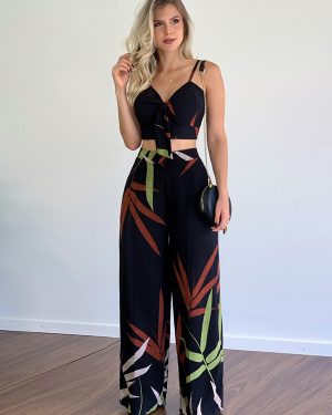 Leaf Print Crop Top and Wide-Leg Pants Two Piece Co-ord Set For Women 2025