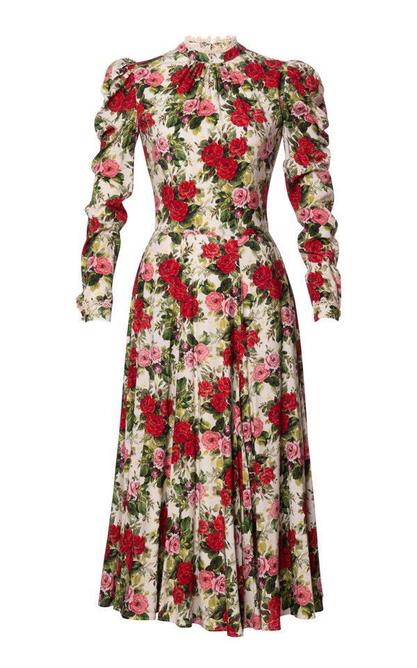 Lena Hoschek - Sweetheart Satin Sheath Midi Dress - Floral - M - Moda Operandi