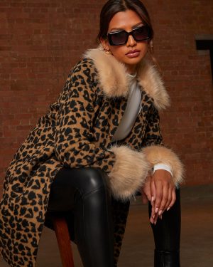 Leopard Print Contrast Faux Fur Trim Coat in Brown - 8