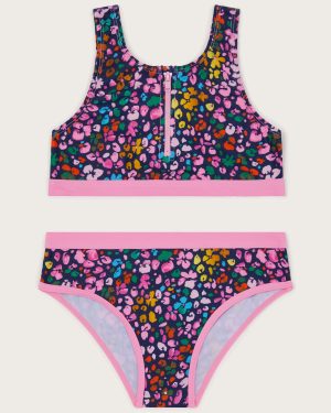 Leopard Print Sporty Zip-Up Bikini Set Blue