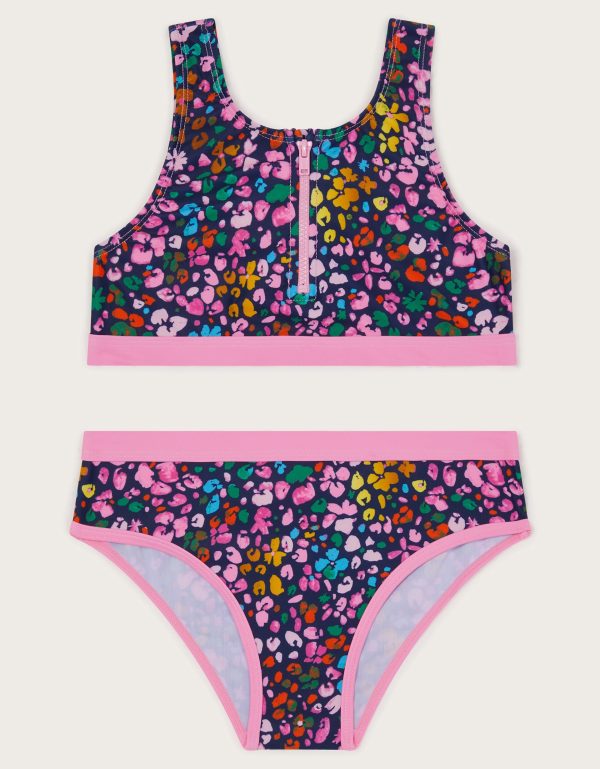 Leopard Print Sporty Zip-Up Bikini Set Blue