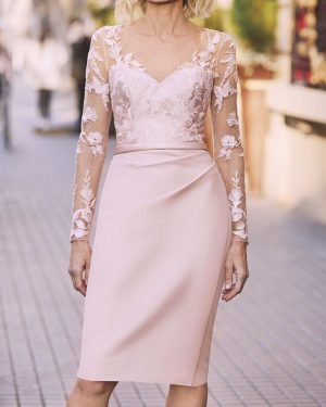 Light Pink Party Dress For Mother Of The Bride V-Neck Long Sleeves Sheath Lace Wedding Guest Dresses