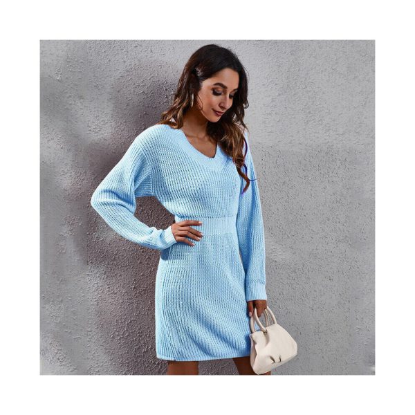 (Light blue, M) Fashion Women Jumper Dress V Neck Long Sleeve Knitted Bodycon Mini Sweater Top