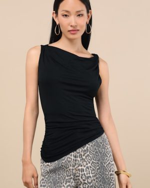 Linzia Black Jersey Knit Asymmetrical Top