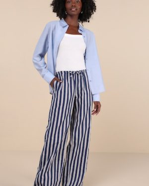 Lirura Blue and Grey Striped Cotton Wide-Leg Drawstring Pants