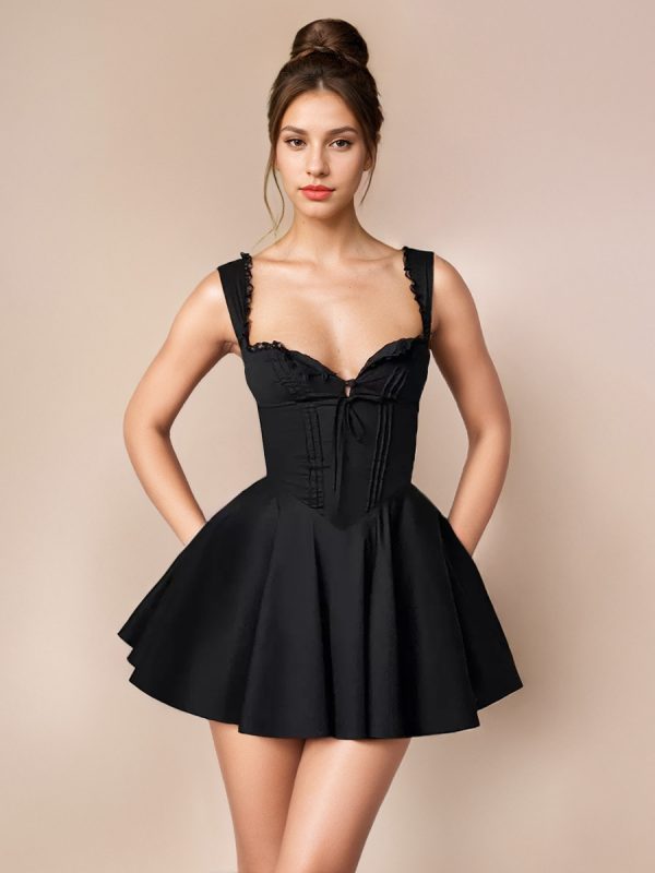 Little Black Dress Tie Front Lace Up Short Swing Dress