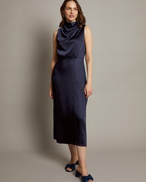 Livia Satin Cowl Halter Midi Dress Blue