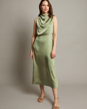 Livia Satin Cowl Halter Midi Dress Green