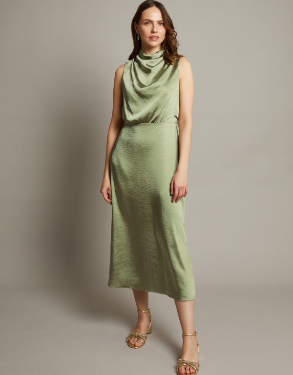 Livia Satin Cowl Halter Midi Dress Green