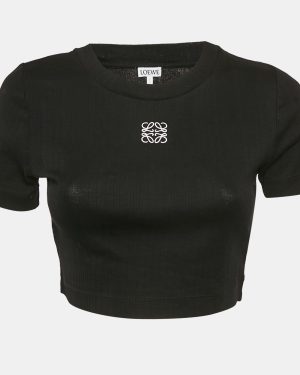 Loewe Black Angaram Embroidered Rib Knit Fitted Crop Top L