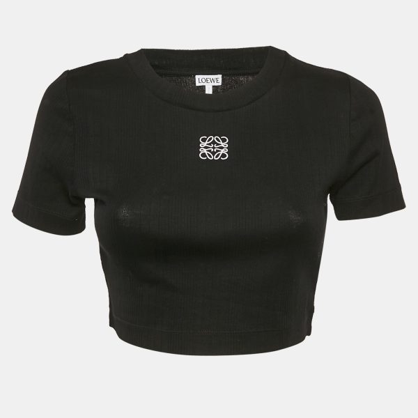 Loewe Black Angaram Embroidered Rib Knit Fitted Crop Top L