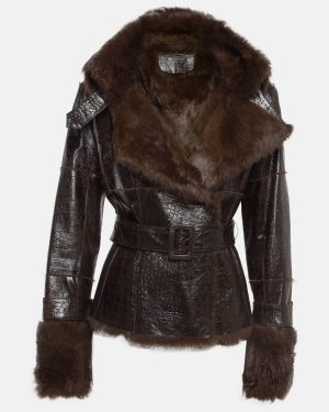 Loewe Brown Leather and Rabbit Fur Belted Jacket M