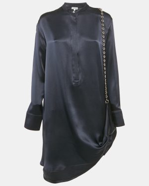 Loewe Navy Blue Satin Chain Detail Short Shirt Dress S