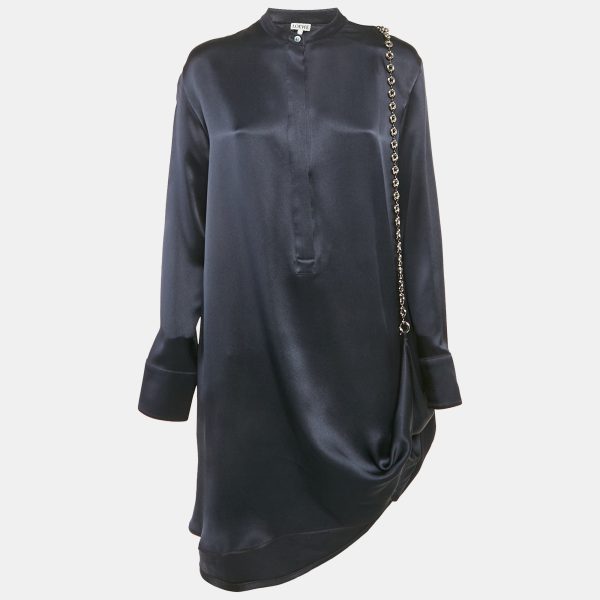 Loewe Navy Blue Satin Chain Detail Short Shirt Dress S