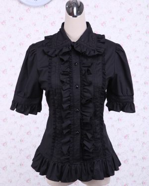 Lolita Blouse Pure Cotton Black Short Sleeves Ruffles Turndown Collar