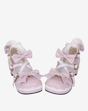 Lolita Shoes Pink Sweet Chunky Heel Leather Bowknot Mary Janes Kawaii Lolita Footwear
