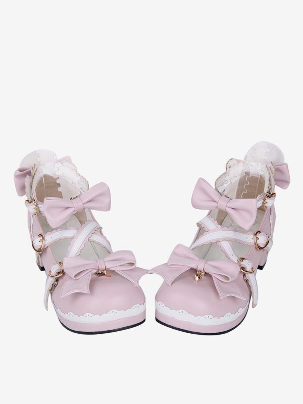 Lolita Shoes Pink Sweet Chunky Heel Leather Bowknot Mary Janes Kawaii Lolita Footwear