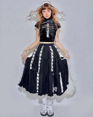 Lolita Skirt Ribbon Lace Embroidery Black A-Line Foldable Long Skirt