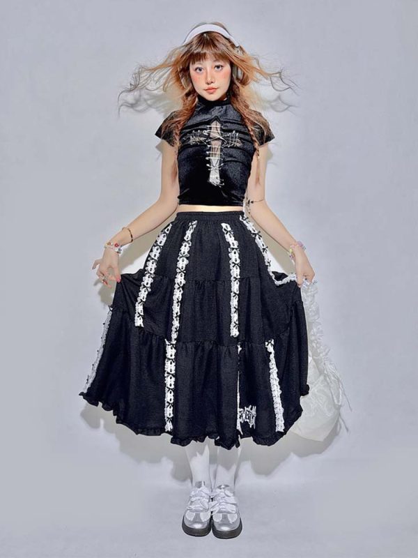 Lolita Skirt Ribbon Lace Embroidery Black A-Line Foldable Long Skirt