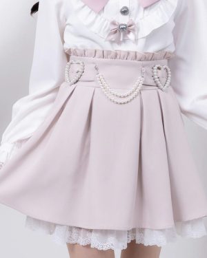 Lolita Skirt Ruffles High-Waist Pearl Decorate Short Skirt Lace Lining Petite Pink Mini Skirt