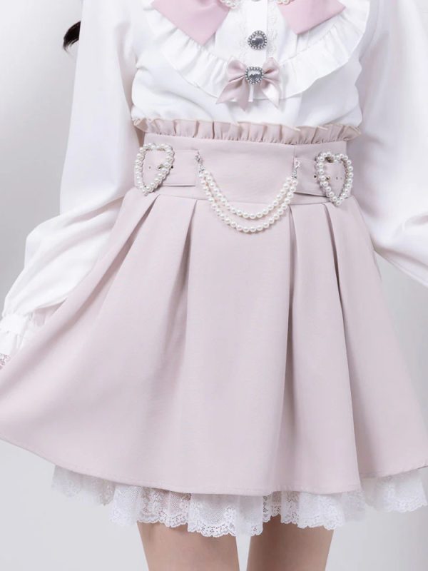 Lolita Skirt Ruffles High-Waist Pearl Decorate Short Skirt Lace Lining Petite Pink Mini Skirt