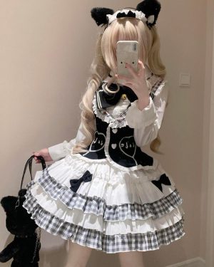 Lolita Three-piece Suit Ruffles Skirt And Lace Trim Vest And White Shirt Cute Princess Dress Suit