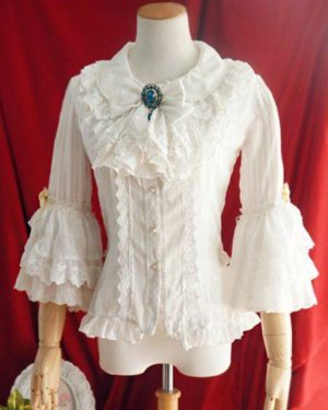 Lolita Wedding Dress Lolita Blouses Lolita Top Ruffles Bows 3/4 Length Sleeves Blouse Stripes Ecru White Lolita Shirt