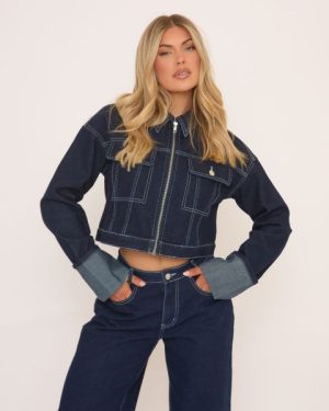 Long Cuffed Sleeve Zip Up Front Cropped Jacket In Blue Denim, Women's Size UK 4