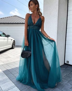 Long Party Dress V neck Backless A-line Split Beach Dress For Women