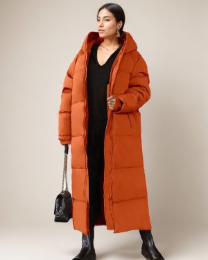 Long Puffer Coats Orange Hooded Winter Full Length Coat For Women