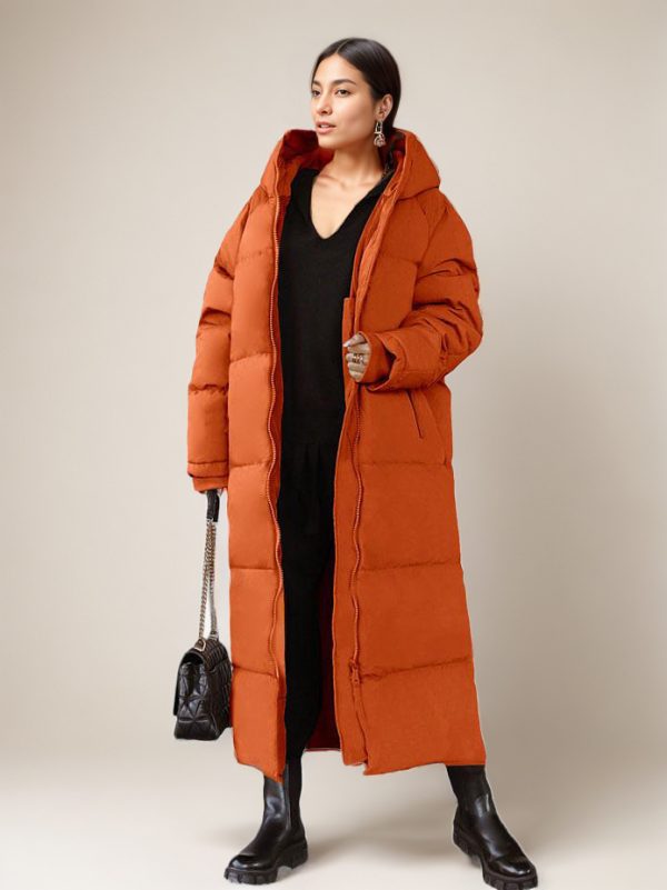 Long Puffer Coats Orange Hooded Winter Full Length Coat For Women